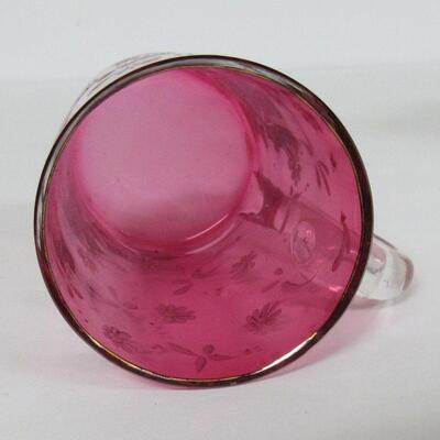 Antique Cranberry Glass With Clear Handle Hand Enameled Cup