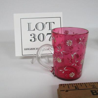 Antique Cranberry Glass With Clear Handle Hand Enameled Cup