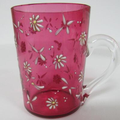 Antique Cranberry Glass With Clear Handle Hand Enameled Cup