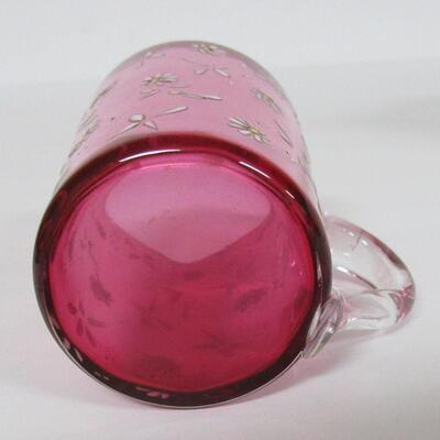 Antique Cranberry Glass With Clear Handle Hand Enameled Cup