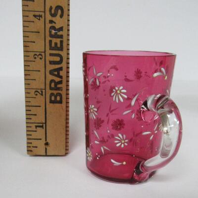 Antique Cranberry Glass With Clear Handle Hand Enameled Cup