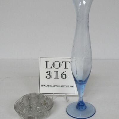 Blue Etched Bud Vase and Glass Flower Frog