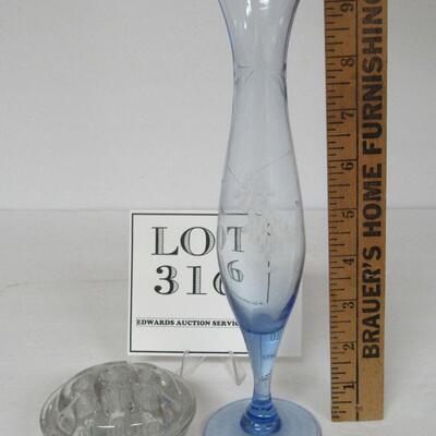 Blue Etched Bud Vase and Glass Flower Frog