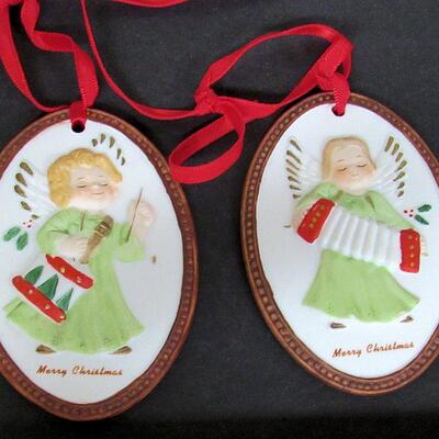 2 Old Lefton Bisque Angel Christmas Ornaments Bethlehem Collection