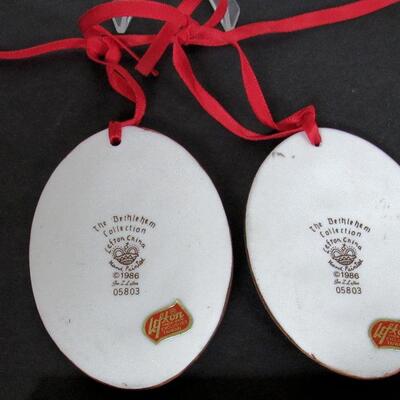 2 Old Lefton Bisque Angel Christmas Ornaments Bethlehem Collection
