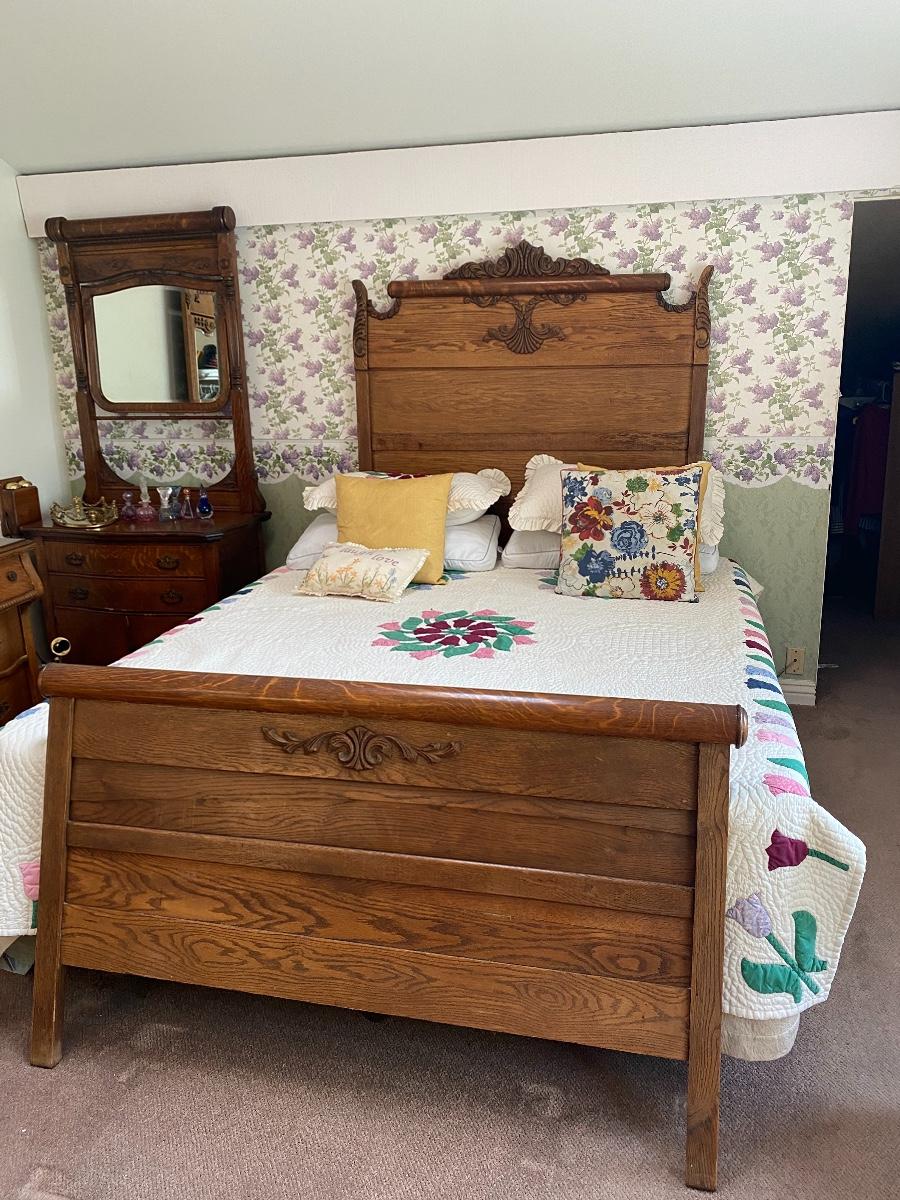 Antique High Back Quarter Sawn Oak Bed Headboard & Footboard ONLY