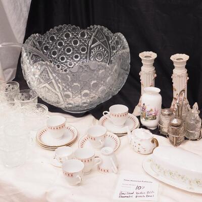 Lot 107 Haviland fine china Butter dish, Large dimensional Peacock punch bowl with cups