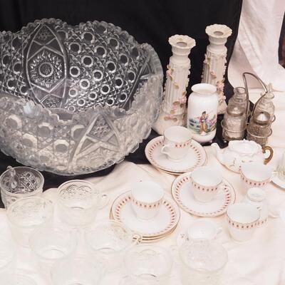 Lot 107 Haviland fine china Butter dish, Large dimensional Peacock punch bowl with cups
