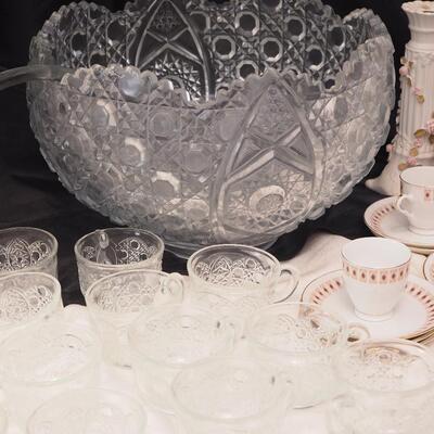 Lot 107 Haviland fine china Butter dish, Large dimensional Peacock punch bowl with cups