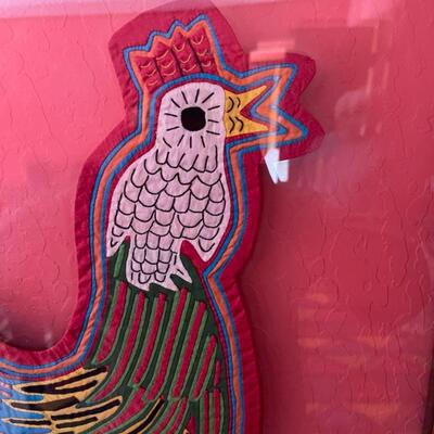 Item 37. Peruvian framed Kuna Mola textile art panel cut out, rooster. Circa 1970s. 