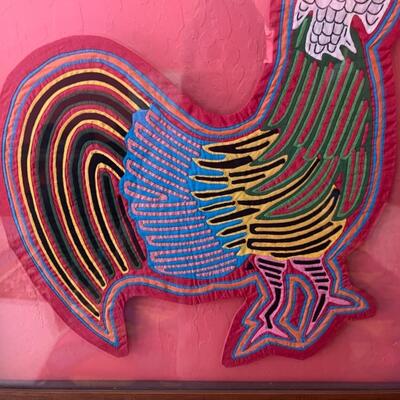 Item 37. Peruvian framed Kuna Mola textile art panel cut out, rooster. Circa 1970s. 