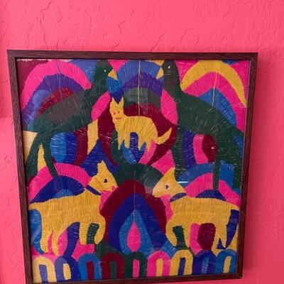 Item 40. Framed Peruvian indigenous Andean wool embroidery textile art. Circa 1960â€™s. 