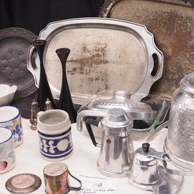 Lot 108 Italian Coffee maker, Williamsburg ceramic mug, Trays, Ice Bucket, Swedish candle holders