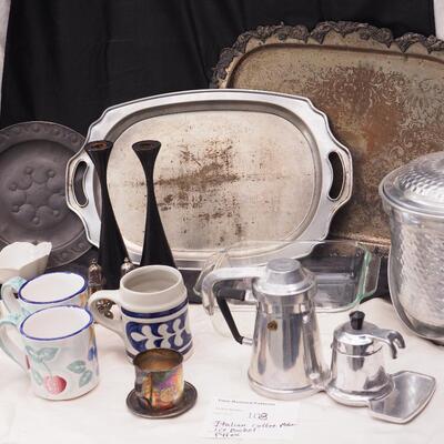 Lot 108 Italian Coffee maker, Williamsburg ceramic mug, Trays, Ice Bucket, Swedish candle holders