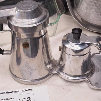 Lot 108 Italian Coffee maker, Williamsburg ceramic mug, Trays, Ice Bucket, Swedish candle holders