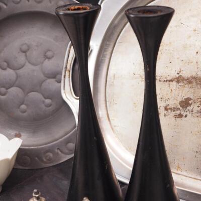 Lot 108 Italian Coffee maker, Williamsburg ceramic mug, Trays, Ice Bucket, Swedish candle holders