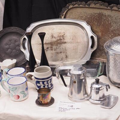Lot 108 Italian Coffee maker, Williamsburg ceramic mug, Trays, Ice Bucket, Swedish candle holders