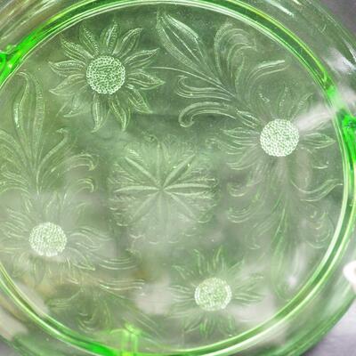 Lot 109 Tiered tea tray, depression glass handled amber tray, UV glass green cake plate. White Kaun Yin
