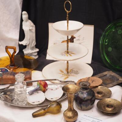 Lot 109 Tiered tea tray, depression glass handled amber tray, UV glass green cake plate. White Kaun Yin