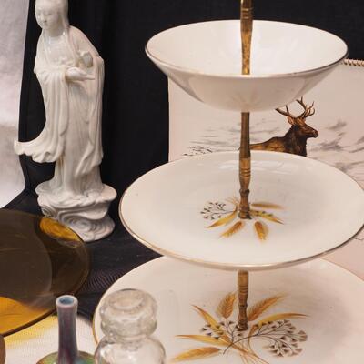 Lot 109 Tiered tea tray, depression glass handled amber tray, UV glass green cake plate. White Kaun Yin