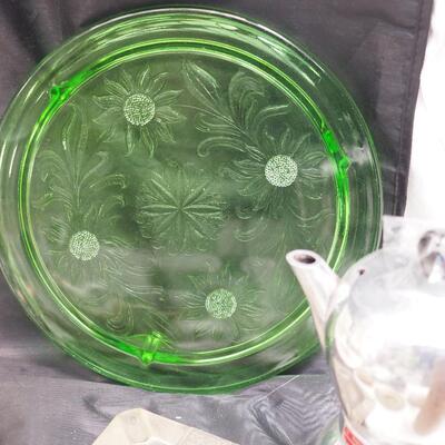 Lot 109 Tiered tea tray, depression glass handled amber tray, UV glass green cake plate. White Kaun Yin