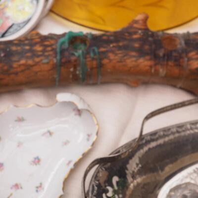 Lot 109 Tiered tea tray, depression glass handled amber tray, UV glass green cake plate. White Kaun Yin