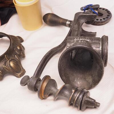 Lot 110 Hand made wooden dutch shoe wine holder, vintage grinder