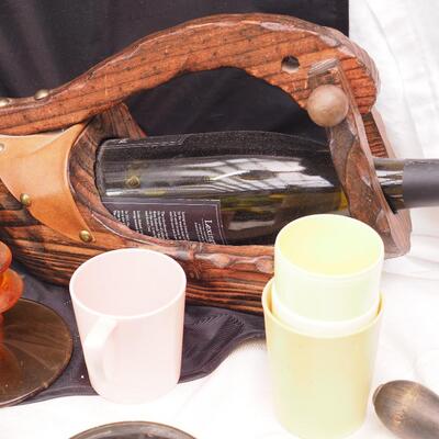 Lot 110 Hand made wooden dutch shoe wine holder, vintage grinder