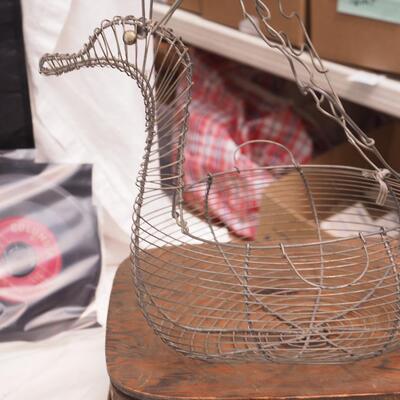 Lot 113 Scrapbook, books, rack, Vintage egg basket, thumb oil can, Basket filled with wool yarns