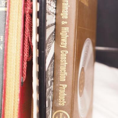Lot 113 Scrapbook, books, rack, Vintage egg basket, thumb oil can, Basket filled with wool yarns