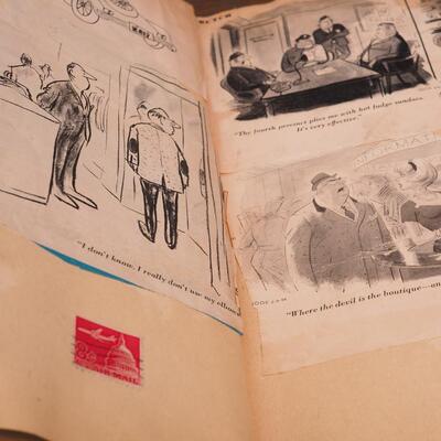 Lot 113 Scrapbook, books, rack, Vintage egg basket, thumb oil can, Basket filled with wool yarns