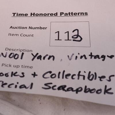 Lot 113 Scrapbook, books, rack, Vintage egg basket, thumb oil can, Basket filled with wool yarns