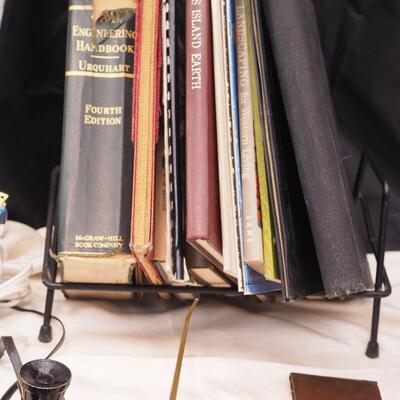 Lot 113 Scrapbook, books, rack, Vintage egg basket, thumb oil can, Basket filled with wool yarns