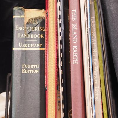 Lot 113 Scrapbook, books, rack, Vintage egg basket, thumb oil can, Basket filled with wool yarns
