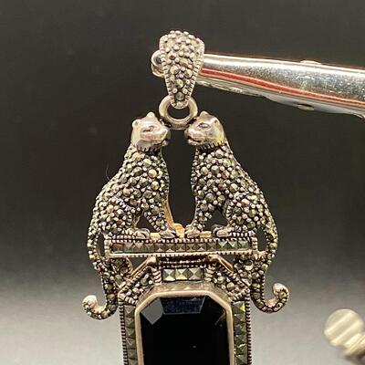 925 Sterling Silver Marcasite Onyx Cat Pendant Charm