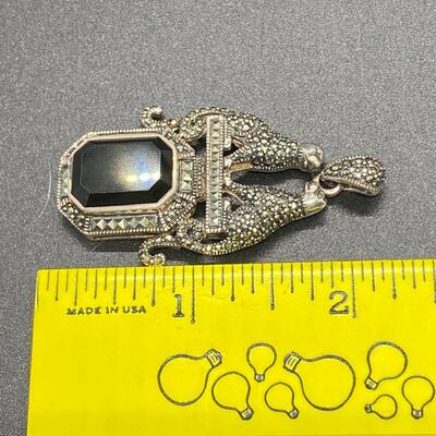 925 Sterling Silver Marcasite Onyx Cat Pendant Charm