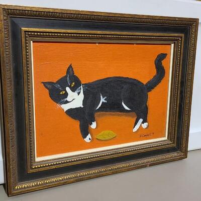 1971 Oil Painting Black and White Cat 15" x 18Â½" -Item #255
