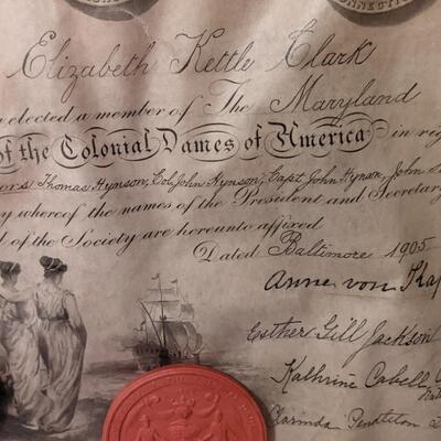 1905 certificate of Society of the Colonial Dames of America