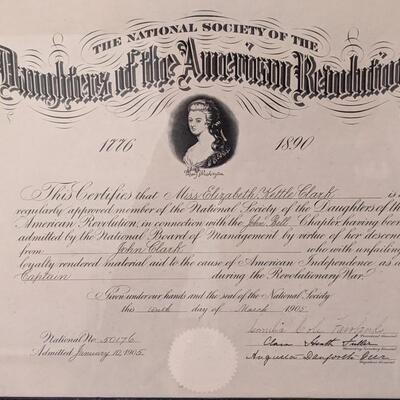 1905 Elizabeth Kettle Clark certificate of Daughters of the American Revolution
