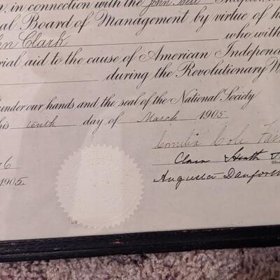 1905 Elizabeth Kettle Clark certificate of Daughters of the American Revolution