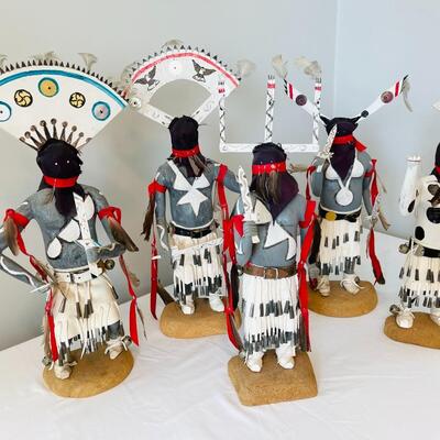 Lot 8  Vintage Set Native American Apache Crown Spirit Dancers Large Kachinas Dolls 
