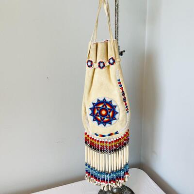 Lot 9  Native American Beaded Elk Drawstring Bag Plains Indian Crystal Fringe Hand Made