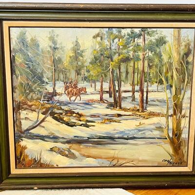Lot 19  Original Oil on Canvas by Carol Theroux Riders on Horseback Forest Winter Scene Western Art