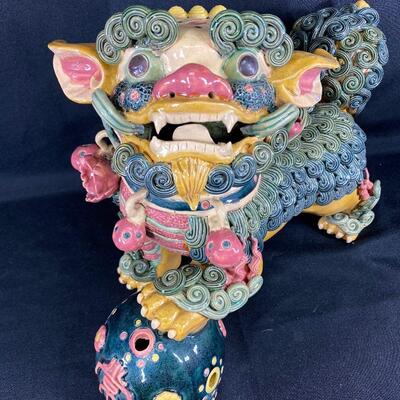 Vintage Colorful Asian Foo Dog Figurine Pottery Statue 