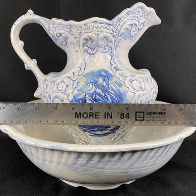 Large Nautical Theme White and Blue Wash Basin Bowl with Pitcher