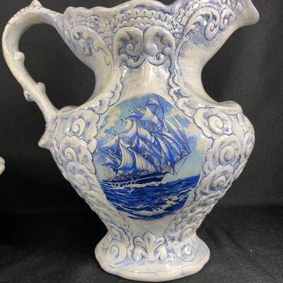 Large Nautical Theme White and Blue Wash Basin Bowl with Pitcher