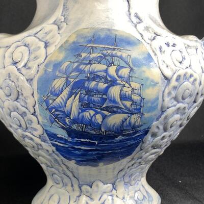 Large Nautical Theme White and Blue Wash Basin Bowl with Pitcher