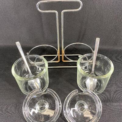 Vintage Cafe Restaurant Style Jam Jelly Jar Caddy with Lidded Jars & Spoons