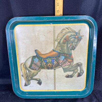 Vintage Square Carousel Horse Print Metal Tray