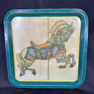 Vintage Square Carousel Horse Print Metal Tray